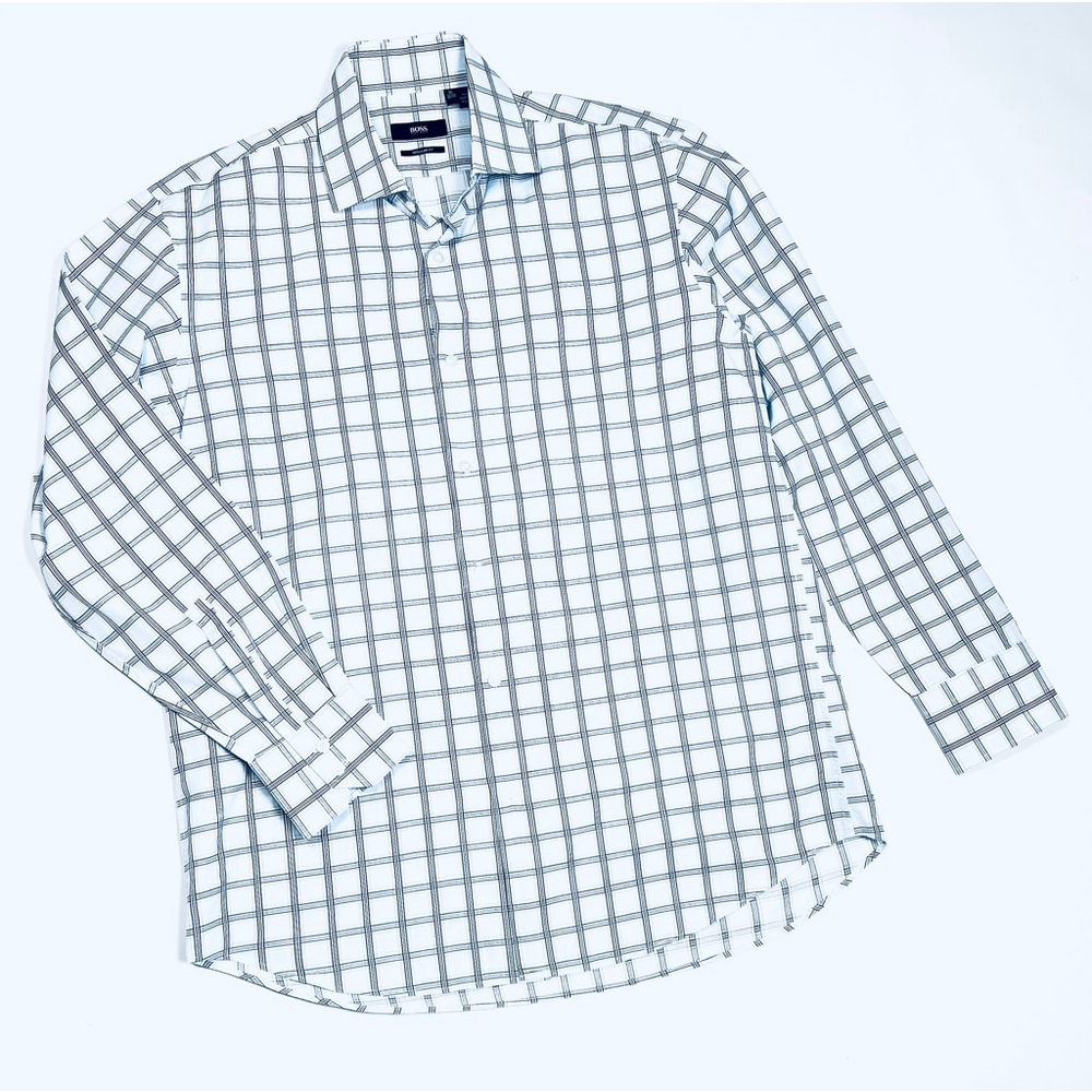 BOSS Hugo Boss Mens Dress Shirt Size 16 32/33 Blue Grey Plaid Regular Fit